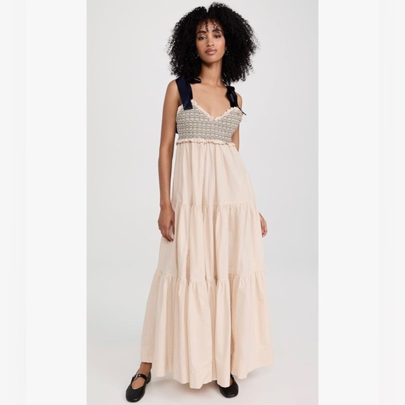 NWT FREE PEOPLE sweat heart neck with bows tiered maxi dress - Picture 2 of 12